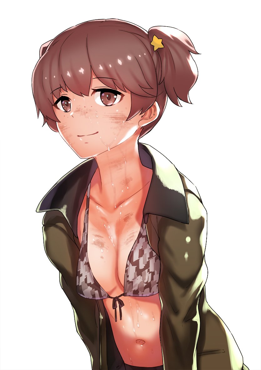 1girl alisa_(girls_und_panzer) bangs bikini breasts brown_eyes brown_hair brown_jacket camouflage camouflage_bikini collarbone dirty freckles front-tie_bikini front-tie_top girls_und_panzer hair_ornament jack_hamster jacket leaning_forward navel open_clothes open_jacket saunders_military_uniform school_uniform short_hair short_twintails simple_background small_breasts smile solo star star_hair_ornament sweat swimsuit twintails very_short_hair white_background