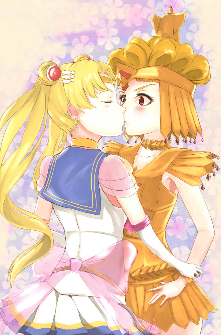 2girls bishoujo_senshi_sailor_moon blonde_hair blush bow choker closed_eyes commentary craim crescent crescent_earrings double_bun earrings english_commentary hair_ornament hair_up jewelry kiss long_hair multiple_girls pleated_skirt red_eyes sailor_galaxia sailor_moon sailor_senshi_uniform skirt surprised tsukino_usagi twintails very_long_hair wrist_grab yellow_choker yuri