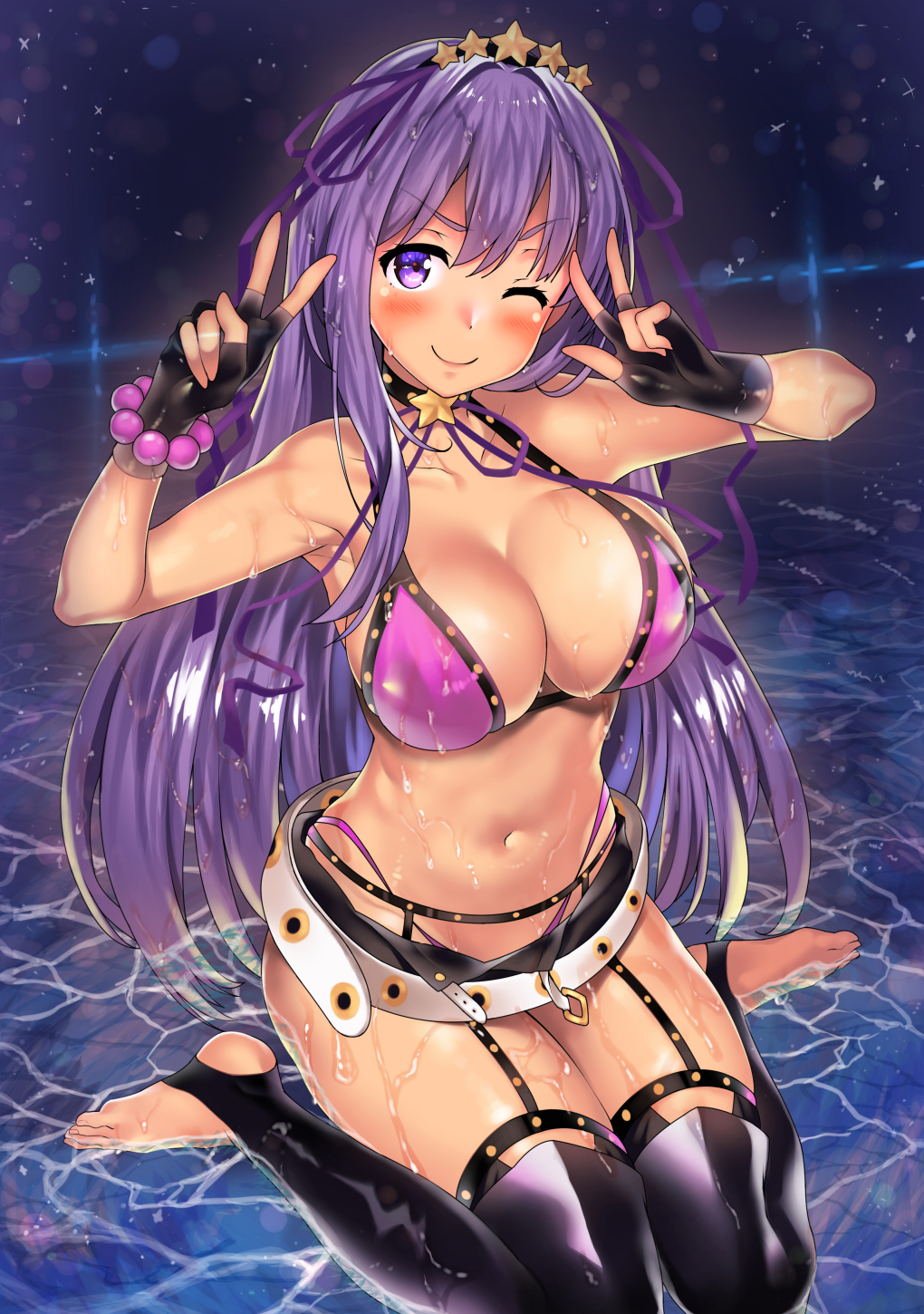 1girl bangs bare_shoulders bb_(fate)_(all) bb_(swimsuit_mooncancer)_(fate) bead_bracelet beads bikini black_garter_belt black_garter_straps black_gloves black_legwear black_shorts blush bracelet breasts choker cleavage collarbone dark_skin fate/grand_order fate_(series) feet fingerless_gloves garter_belt garter_straps gloves hair_between_eyes hair_ribbon hand_gesture hands_up highres hips jewelry kawai large_breasts legs long_hair looking_at_viewer navel one_eye_closed purple purple_bikini purple_eyebrows purple_hair purple_ribbon ribbon short_shorts shorts sitting smile solo studded studded_bikini studded_choker studded_garter_belt studded_garter_straps studs swimsuit tan thigh-highs thighs tiara toeless_legwear v violet_eyes w waist water wet white_belt