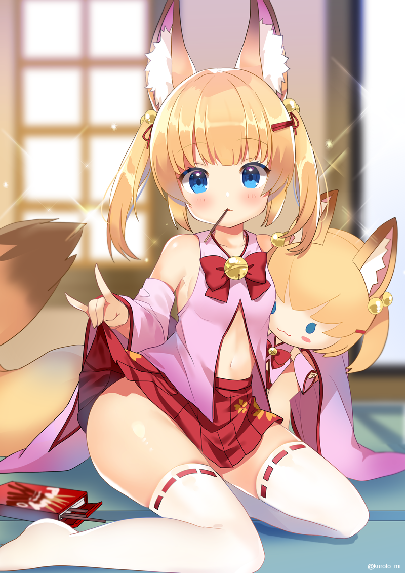 1girl animal_ears bell blonde_hair blue_eyes character_doll detached_sleeves food fox_ears fox_tail hair_ornament hairclip jingle_bell kemomimi_oukoku_kokuei_housou kneeling kurot lifted_by_self long_hair looking_at_viewer mikoko_(kemomimi_oukoku_kokuei_housou) miniskirt mouth_hold navel open_clothes open_shirt pink_shirt pocky red_skirt shirt skirt skirt_lift solo sparkle stuffed_toy tail thigh-highs thighs twintails white_legwear window zettai_ryouiki