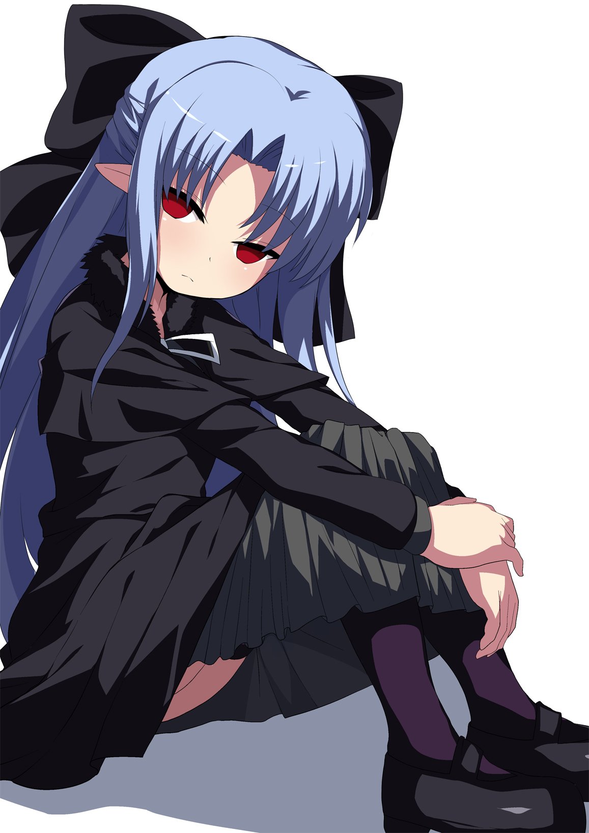 1girl black_dress black_legwear blue_hair bow commentary_request dress empty_eyes hair_bow highres knees_up leg_hug len long_hair mary_janes melty_blood pointy_ears red_eyes ribbon shimejinameko shoes sitting solo thigh-highs tsukihime