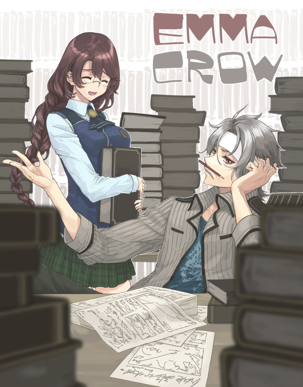 1boy 1girl ascot book_stack braid breasts character_name closed_eyes crow_armbrust eiyuu_densetsu emma_millstein glasses graphite_(medium) hand_on_own_head headband irise_ryouji jacket long_hair long_sleeves looking_at_another mechanical_pencil medium_breasts miniskirt open_mouth paper pencil pencil_mustache plaid plaid_skirt purple_hair red_eyes school_uniform sen_no_kiseki shirt short_hair silver_hair sitting skirt standing traditional_media