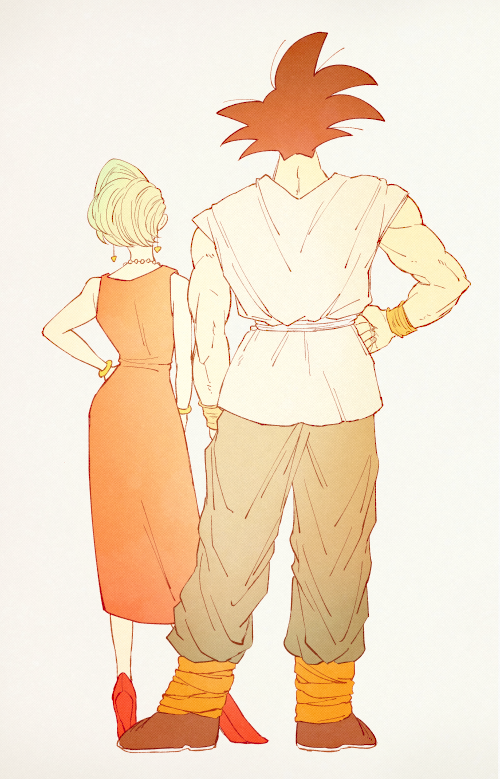 1boy 1girl bare_arms black_hair bracelet bulma clenched_hand dougi dragon_ball dragonball_z dress earrings facing_away full_body grey_background hand_on_hip height_difference high_heels jewelry necklace older onkywi orange_dress red_footwear short_hair simple_background sleeveless sleeveless_dress son_gokuu spiky_hair standing wristband
