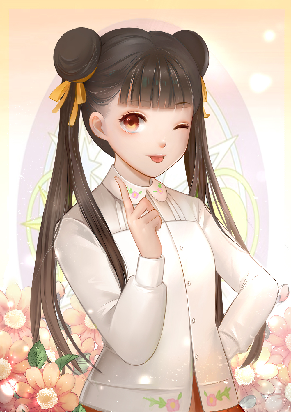 1girl ;p antweiyi bangs blunt_bangs brown_hair card_captor_sakura double_bun eyebrows_visible_through_hair flower hair_ribbon hand_on_hip hand_up highres index_finger_raised li_meiling long_hair long_sleeves looking_at_viewer one_eye_closed red_eyes ribbon shirt solo standing tongue tongue_out twintails upper_body white_shirt yellow_ribbon