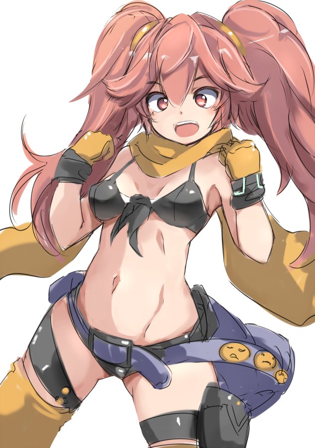 1girl arms_up belt bikini black_bikini black_swimsuit breasts brown_eyes brown_hair character_request clenched_hands commentary_request copyright_request gloves karukan_(monjya) long_hair navel open_mouth scarf small_breasts smile solo swimsuit thigh-highs thigh_strap yellow_gloves yellow_legwear yellow_scarf