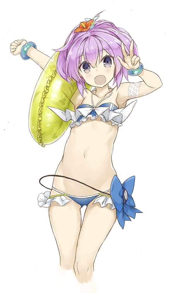 1girl :d arms_up azur_lane bangs bare_shoulders bikini blue_bikini blue_bow blue_flower blush bow breasts collarbone eyebrows_visible_through_hair flower frilled_innertube frills goekawa green_innertube hair_between_eyes hair_flower hair_ornament halter_top halterneck head_tilt innertube javelin_(azur_lane) navel open_mouth outstretched_arm purple_hair red_flower small_breasts smile solo swimsuit transparent violet_eyes