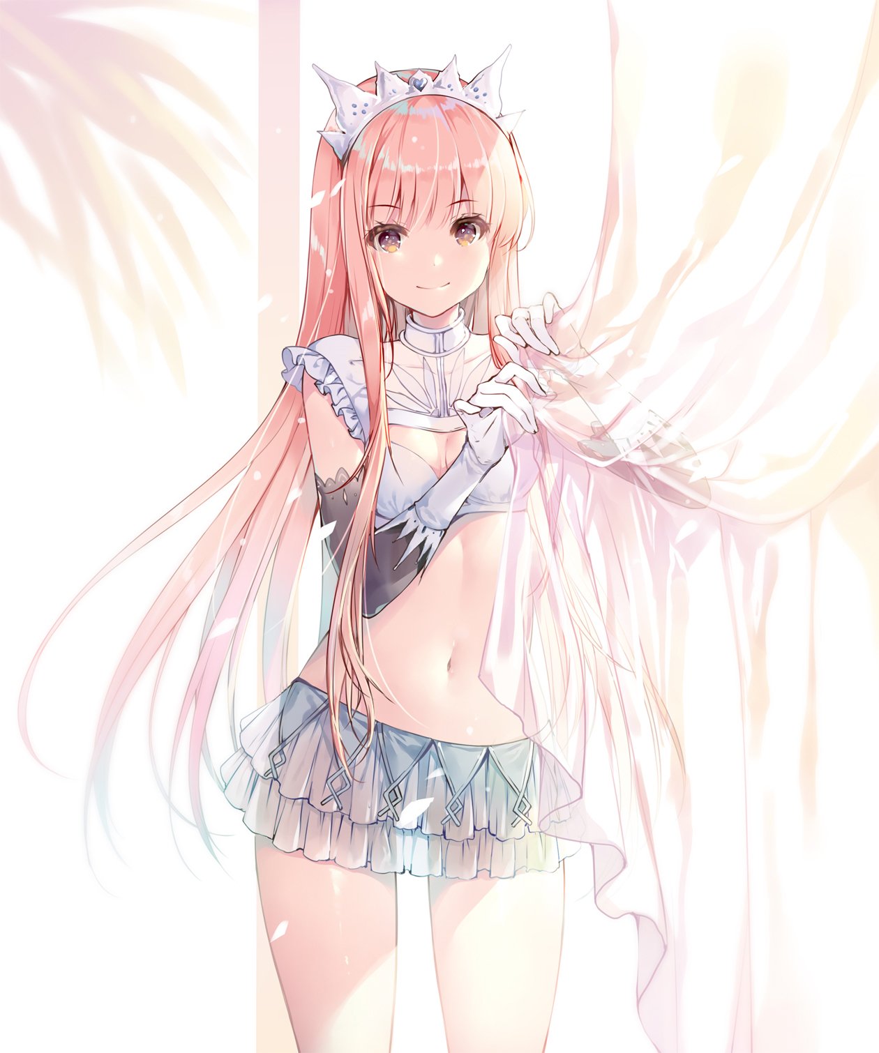 1girl bangs blunt_bangs breasts curtain_grab curtains elbow_gloves fate/grand_order fate_(series) gloves highres long_hair medb_(fate)_(all) medb_(fate/grand_order) midriff miwabe_sakura navel pink_hair skirt small_breasts solo tiara white_gloves white_skirt