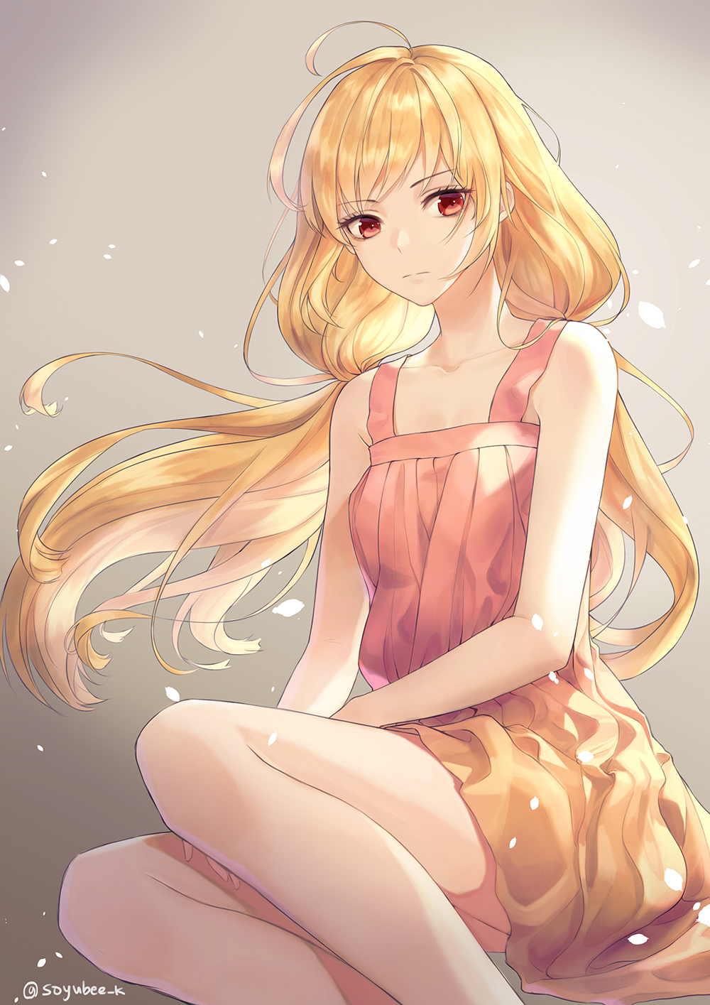 1girl :| blonde_hair closed_mouth commission dress gradient gradient_background grey_background highres long_hair looking_at_viewer original pink_dress red_eyes simple_background sitting solo soyubee twitter_username