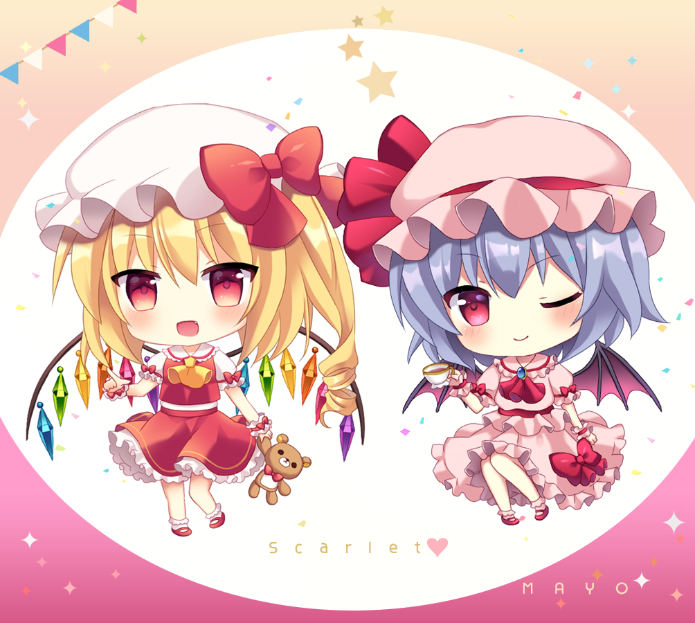 2girls ;) ascot bangs bat_wings beige_background blonde_hair blue_hair bobby_socks bow brooch chibi circle commentary_request confetti crystal cup dress eyebrows_visible_through_hair fang flandre_scarlet frilled_shirt_collar frills full_body gradient gradient_background hair_ornament hairclip hat hat_bow hat_ribbon head_tilt holding holding_cup holding_stuffed_animal jewelry long_hair looking_at_viewer mary_janes mayo_(miyusa) mob_cap multiple_girls one_eye_closed one_side_up open_mouth petticoat pink_background pink_dress pink_hat pink_legwear pointing puffy_short_sleeves puffy_sleeves red_bow red_eyes red_footwear red_neckwear red_ribbon red_skirt red_vest remilia_scarlet ribbon shirt shoes short_sleeves siblings sisters sitting skirt smile socks standing star string_of_flags stuffed_animal stuffed_toy teacup teddy_bear touhou vest white_hat white_legwear white_shirt wings wrist_cuffs yellow_neckwear