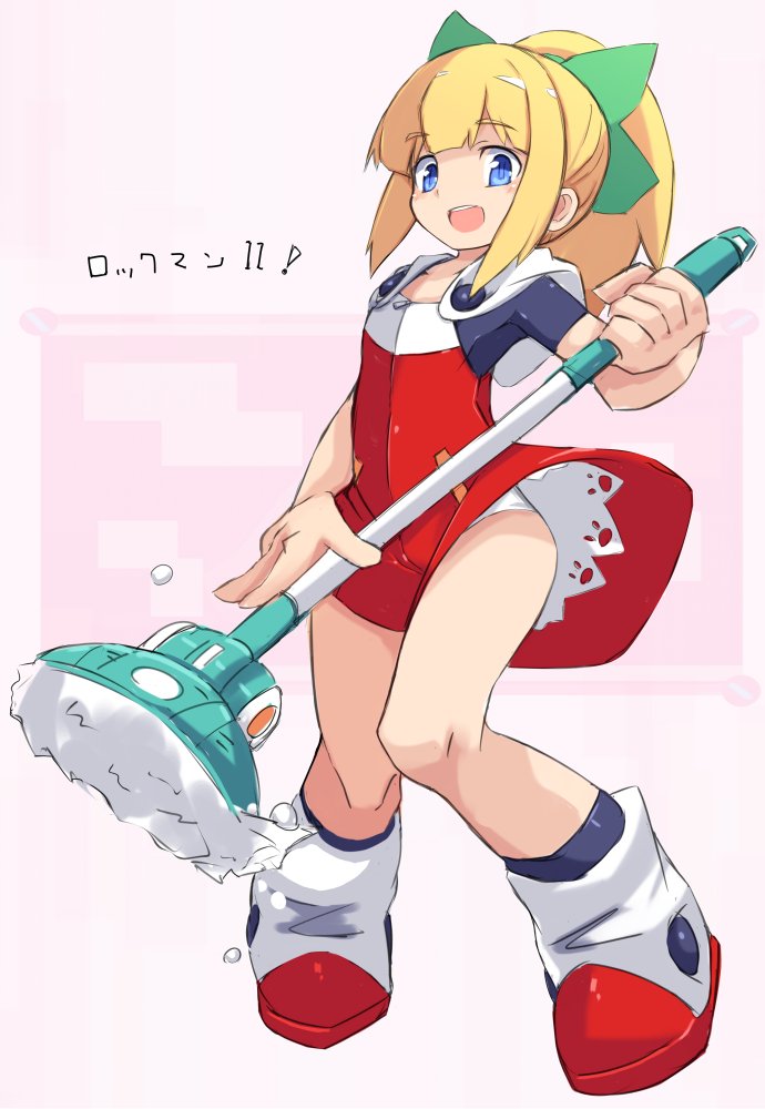 1girl blonde_hair blue_eyes commentary_request dress full_body holding karukan_(monjya) knees_together_feet_apart long_hair mop open_mouth panties panty_peek ponytail red_dress ribbon rockman rockman_(classic) roll short_dress smile solo underwear white_panties wind wind_lift