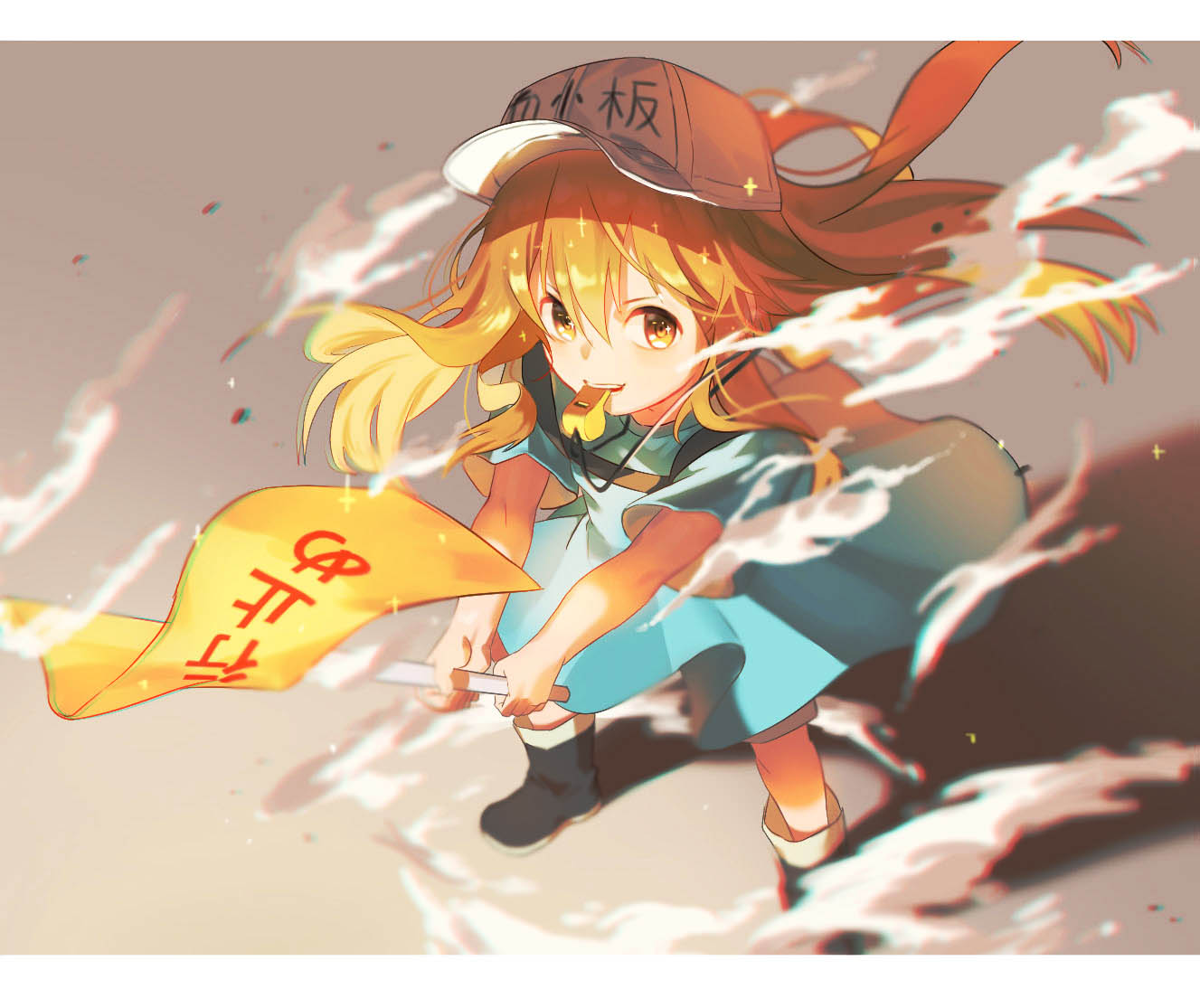 1girl boots brown_eyes brown_hair flat_cap hat hataraku_saibou hj_(leeho830) looking_at_viewer oversized_clothes platelet_(hataraku_saibou) shirt short_sleeves smile smoke solo sparkle standing whistle wind wind_lift