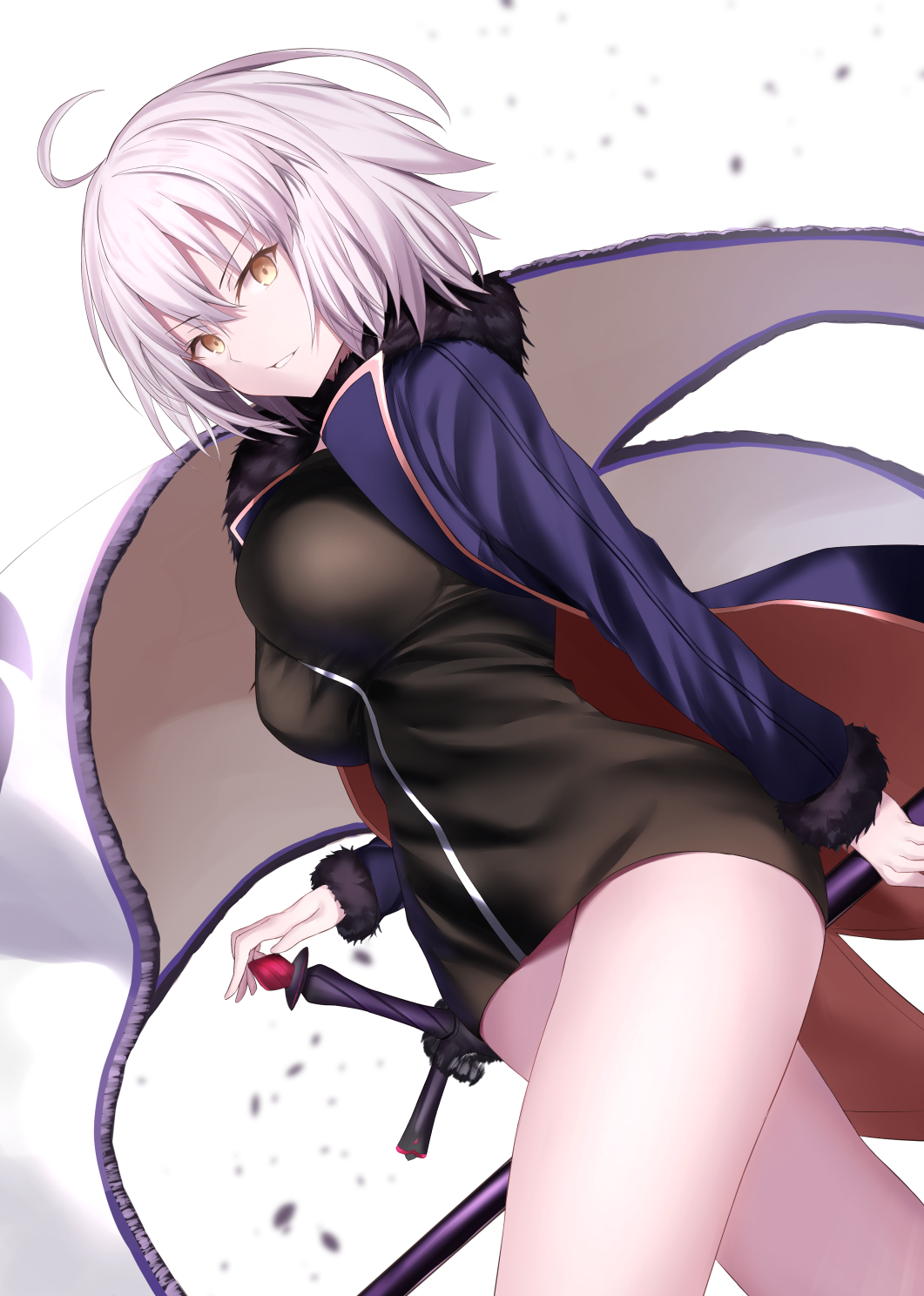 1girl ahoge bangs black_dress breasts coat dress fate/grand_order fate_(series) flag fur-trimmed_coat fur_trim hair_between_eyes highres hips jeanne_d'arc_(alter)_(fate) jeanne_d'arc_(fate)_(all) large_breasts looking_at_viewer maosame open_clothes open_coat pale_skin short_dress short_hair silver_hair simple_background smile solo sword thighs weapon white_background wicked_dragon_witch_ver._shinjuku_1999 yellow_eyes