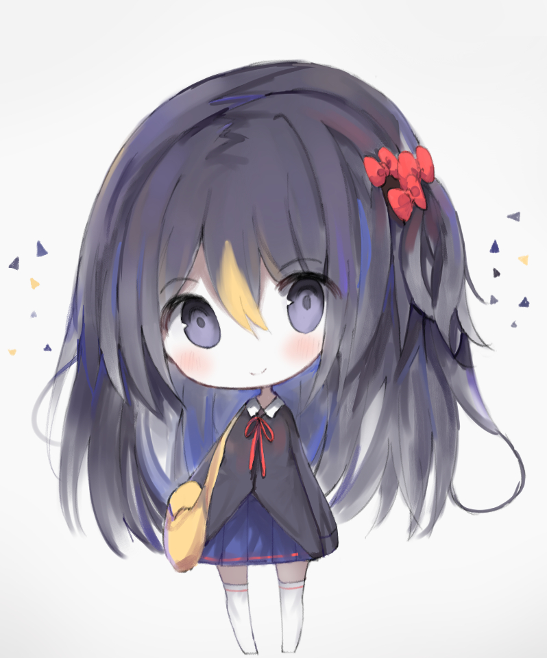 1girl bag bangs black_hair black_shirt blonde_hair blue_skirt blush bow chibi closed_mouth collared_shirt cottontailtokki eyebrows_visible_through_hair full_body grey_background hair_between_eyes hair_bow head_tilt long_hair looking_at_viewer multicolored_hair neck_ribbon no_shoes one_side_up original pleated_skirt red_bow red_ribbon ribbon shirt shoulder_bag skirt smile solo standing streaked_hair thigh-highs very_long_hair violet_eyes white_legwear