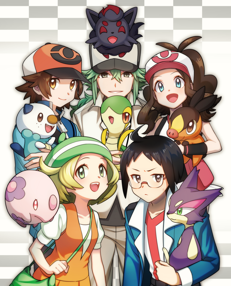 2girls 3boys :&lt; :d ahoge animal antenna_hair bag baseball_cap bel_(pokemon) black_hair black_wristband blonde_hair blue_eyes blue_jacket brown_hair cheren_(pokemon) creatures_(company) game_freak gen_5_pokemon green_eyes handbag hat holding holding_animal jacket long_hair looking_at_viewer multiple_boys multiple_girls munna n_(pokemon) nagiru nintendo open_mouth oshawott pants parted_lips pokemon pokemon_(creature) pokemon_(game) pokemon_bw ponytail purrloin short_hair sidelocks smile snivy tepig touko_(pokemon) touya_(pokemon) wristband zipper zorua