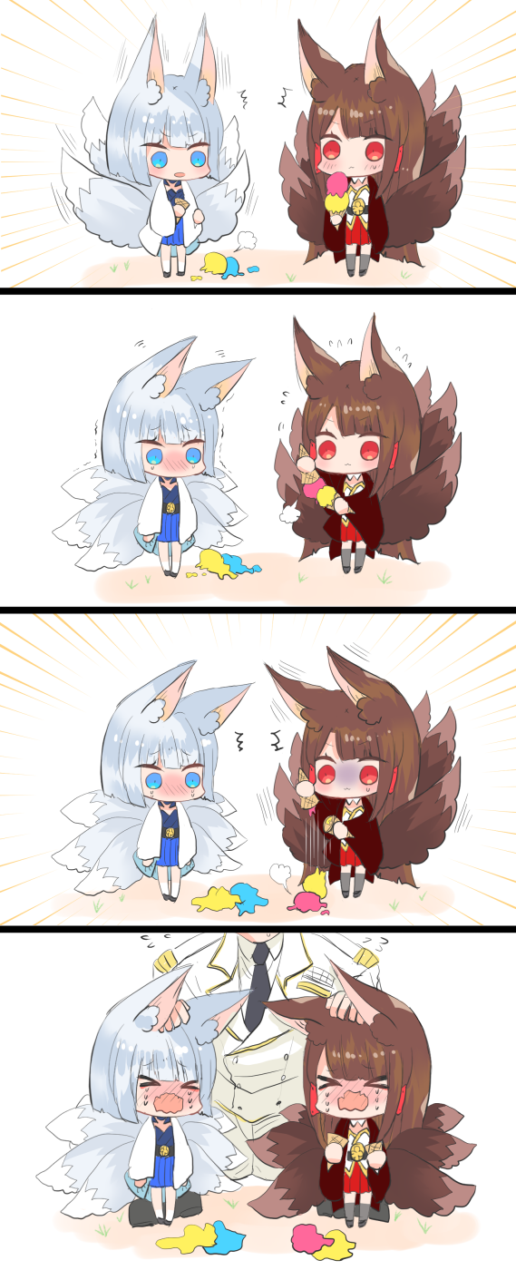 1boy 2girls 4koma admiral_(azur_lane) akagi_(azur_lane) animal_ears azur_lane blue_skirt brown_hair colored comic commentary_request crying food fox_ears fox_tail hand_on_another's_head highres ice_cream ice_cream_cone japanese_clothes kaga_(azur_lane) long_hair military military_uniform multiple_girls putimaxi red_skirt short_hair silver_hair skirt tail tears uniform white_background