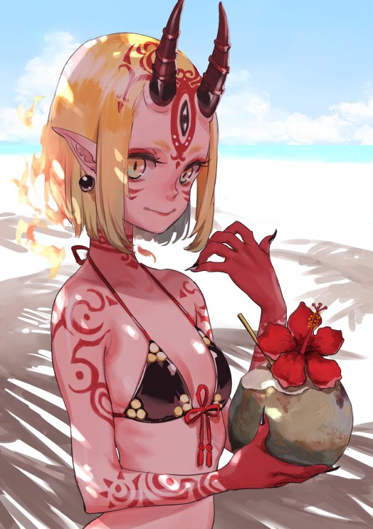1girl alternate_hairstyle bare_shoulders beach bikini black_bikini blonde_hair blue_sky breasts cleavage coconut drinking_straw earrings fate/grand_order fate_(series) fingernails flower hamitamako horns ibaraki_douji_(fate/grand_order) ibaraki_douji_(swimsuit_lancer)_(fate) jewelry looking_at_viewer oni outdoors pointy_ears sharp_fingernails short_hair silhouette sky small_breasts smile solo swimsuit tattoo