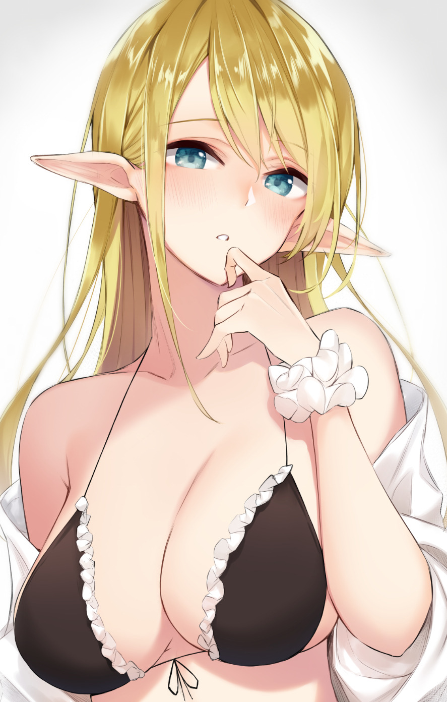 1girl anza_tomo black_bikini_top blonde_hair blue_eyes breasts cleavage elf frill_trim front-tie_bikini front-tie_top gradient gradient_background hand_to_own_mouth highres large_breasts off_shoulder original parted_lips pointy_ears scrunchie sidelocks simple_background solo upper_body wrist_scrunchie
