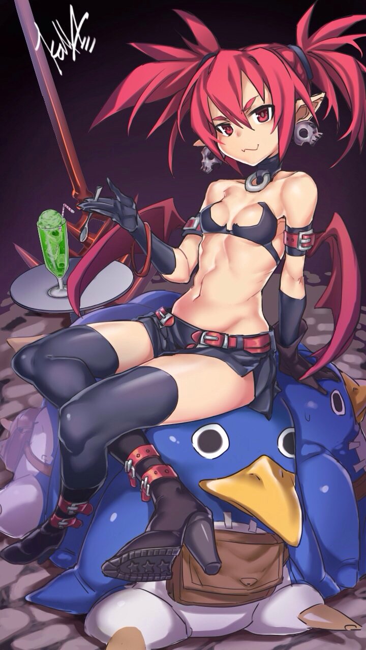 1girl :3 arm_belt arm_support armband artist_name black_bikini_top black_collar black_footwear black_gloves black_legwear black_skin boots brown_belt closed_mouth commentary_request cup demon_girl demon_tail demon_wings disgaea drinking_glass drinking_straw earrings elbow_gloves etna gloves hair_tie high_heel_boots high_heels highres holding holding_spoon jewelry kuma_(jk0073) leaning_back looking_at_viewer makai_senki_disgaea microskirt mini_wings navel pointy_ears prinny red_eyes red_wings redhead short_hair signature sitting sitting_on_person skirt skull_earrings smile spoon sweatdrop tail thigh-highs tray twintails wings
