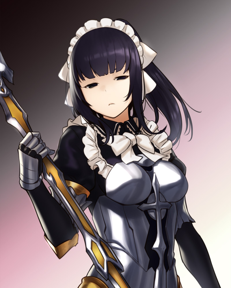 1girl apron armor bangs black_eyes black_hair blunt_bangs bow breastplate breasts closed_mouth dress gloves gradient gradient_background holding holding_staff holding_weapon houtengeki long_hair looking_at_viewer maid maid_apron maid_headdress medium_breasts narberal_gamma overlord_(maruyama) ponytail simple_background solo staff standing weapon white_bow