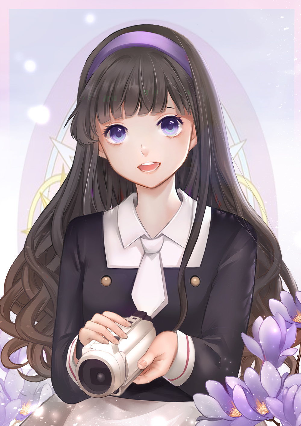 1girl :d antweiyi bangs blue_eyes blunt_bangs brown_hair camera card_captor_sakura daidouji_tomoyo flower hairband highres holding holding_camera long_hair looking_at_viewer open_mouth purple_flower purple_hairband school_uniform smile solo tomoeda_elementary_school_uniform upper_body very_long_hair white_neckwear