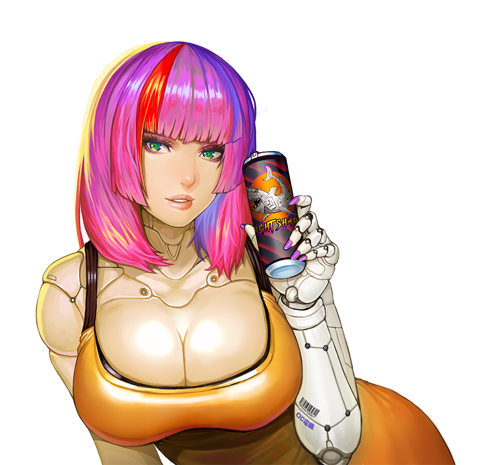 1girl barcode breasts cleavage cola cyberpunk cyborg green_eyes large_breasts lieqi_hun looking_at_viewer mechanical_arm multicolored_hair nail_polish original parted_lips pink_hair purple_nails solo two-tone_hair