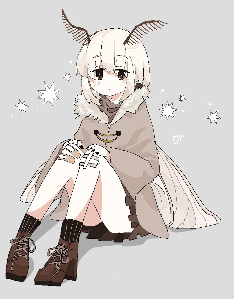 1girl bandaid bandaid_on_knee blonde_hair brown_coat brown_eyes brown_footwear brown_skirt coat commentary_request copyright_request eguchi_saan full_body fur_collar grey_background head_wings long_coat looking_to_the_side short_hair simple_background skirt solo