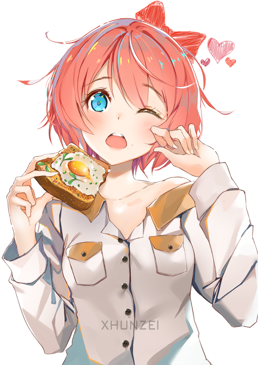 1girl ;o artist_name blue_eyes blush bow breast_pocket collarbone commentary doki_doki_literature_club eyebrows_visible_through_hair eyes_visible_through_hair food food_on_face fried_egg fried_egg_on_toast hair_bow heart highres long_sleeves looking_at_viewer off_shoulder one_eye_closed pink_hair pocket red_bow sayori_(doki_doki_literature_club) shirt short_hair simple_background solo toast upper_body upper_teeth white_background white_shirt xhunzei