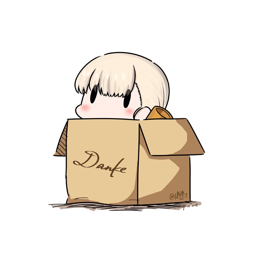 1girl bangs blonde_hair blunt_bangs box cardboard_box dated german hair_ornament hatsuzuki_527 in_box in_container kantai_collection long_hair shin'you_(kantai_collection) side_ponytail simple_background solid_oval_eyes solo translated twitter_username white_background