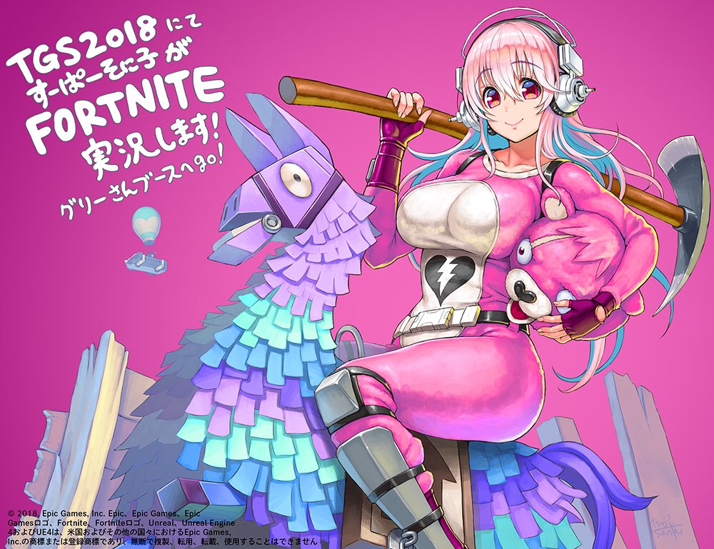 1girl belt blush bodysuit breasts closed_mouth commentary_request fortnite headphones large_breasts long_hair looking_at_viewer nitroplus official_art pickaxe pinata pink_bodysuit pink_eyes pink_hair red_eyes riding shiny shiny_hair shiny_skin skin_tight smile solo super_sonico tsuji_santa