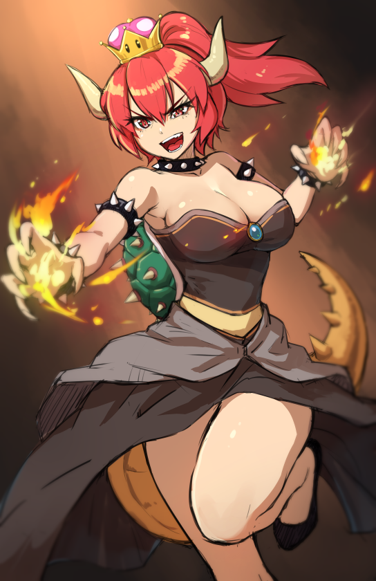 1girl :d bare_shoulders bowser bracelet breasts brooch burning_hand claws collar commentary crown english_commentary eyebrows_visible_through_hair eyes_visible_through_hair fangs genderswap genderswap_(mtf) hair_between_eyes horns jewelry large_breasts long_hair super_mario_bros. maritan_(pixelmaritan) monster_girl nintendo open_mouth ponytail red_eyes redhead smile solo spiked_armlet spiked_bracelet spiked_collar spiked_tail spikes tail teeth turtle_shell v-shaped_eyebrows