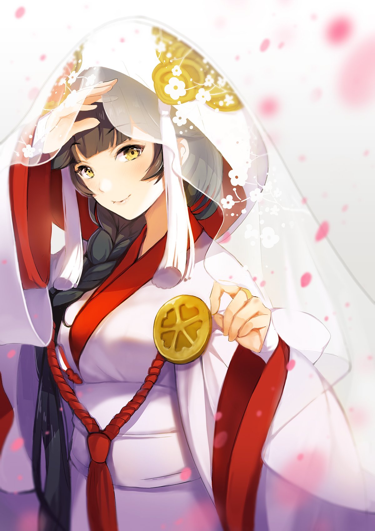 1girl adjusting_headwear alternate_costume alternate_hairstyle azur_lane bangs black_hair blush braid breasts bridal_gauntlets bride closed_mouth dress flower hair_ornament hair_over_shoulder highres hood japanese_clothes kimono long_hair looking_at_viewer obi ponytail sash sibyl sidelocks single_braid smile solo takao_(azur_lane) uchikake upper_body wedding wedding_dress white_dress wide_sleeves