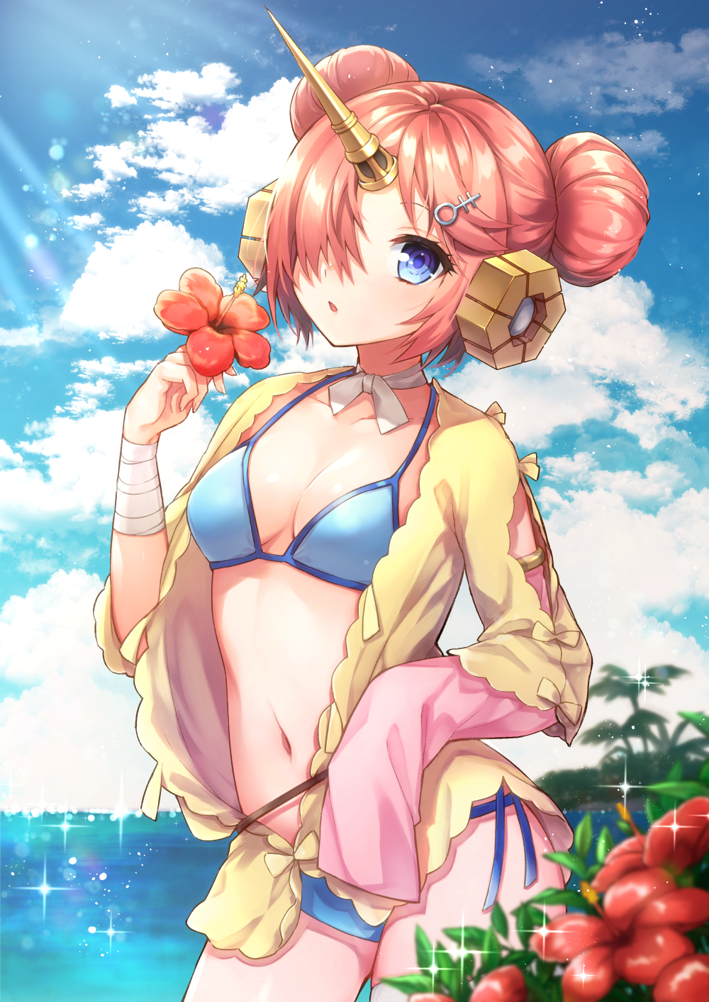 1girl :o akariko bandage bandaged_arm bandages bangs bikini blue_bikini blue_eyes blue_sky blurry blurry_foreground breasts choker cleavage clouds cloudy_sky collarbone commentary contrapposto cowboy_shot day depth_of_field double_bun eyebrows_visible_through_hair fate/grand_order fate_(series) flower frankenstein's_monster_(fate) frankenstein's_monster_(swimsuit_saber)_(fate) glint hair_ornament hair_over_one_eye hairclip head_tilt headgear hibiscus highres holding holding_flower horn jacket lead light_rays looking_at_viewer navel ocean open_clothes open_jacket outdoors palm_tree pink_hair red_flower ribbon_choker shiny shiny_hair short_hair single_detached_sleeve sky sleeves_past_wrists small_breasts solo standing stomach sunlight swimsuit tree white_choker yellow_jacket