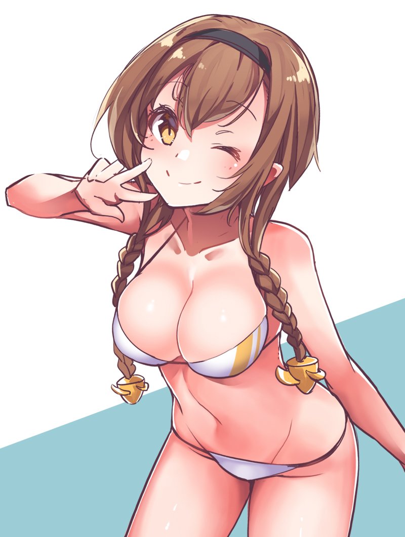 1girl bikini black_headband blush braid breasts brown_hair cleavage collarbone hair_ornament headband kantai_collection konnyaku_(kk-monmon) large_breasts looking_at_viewer navel one_eye_closed propeller_hair_ornament skindentation smile solo swimsuit teruzuki_(kantai_collection) twin_braids two-tone_background v white_bikini