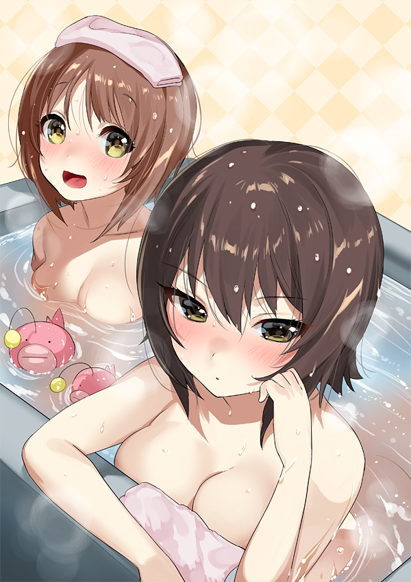 2girls :d anglerfish bathing bathtub blush breasts brown_eyes brown_hair chin_rest cleavage dutch_angle girls_und_panzer large_breasts looking_at_viewer medium_breasts multiple_girls nishizumi_maho nishizumi_miho ogino_atsuki open_mouth partially_submerged short_hair siblings sisters smile steam towel towel_on_head wet wet_hair yellow_eyes