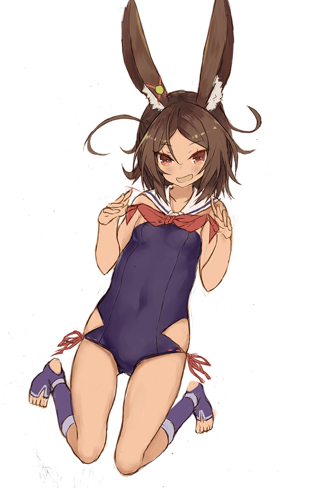 1girl :d animal_ear_fluff animal_ears azur_lane bangs bare_arms bare_shoulders blue_swimsuit blush breasts brown_eyes brown_hair dark_skin eyebrows_visible_through_hair goekawa hair_between_eyes hands_up i-26_(azur_lane) long_hair looking_at_viewer neckerchief one-piece_swimsuit open_mouth parted_bangs purple_footwear rabbit_ears red_neckwear sailor_collar simple_background small_breasts smile solo strapless strapless_swimsuit swimsuit toeless_legwear white_background white_sailor_collar