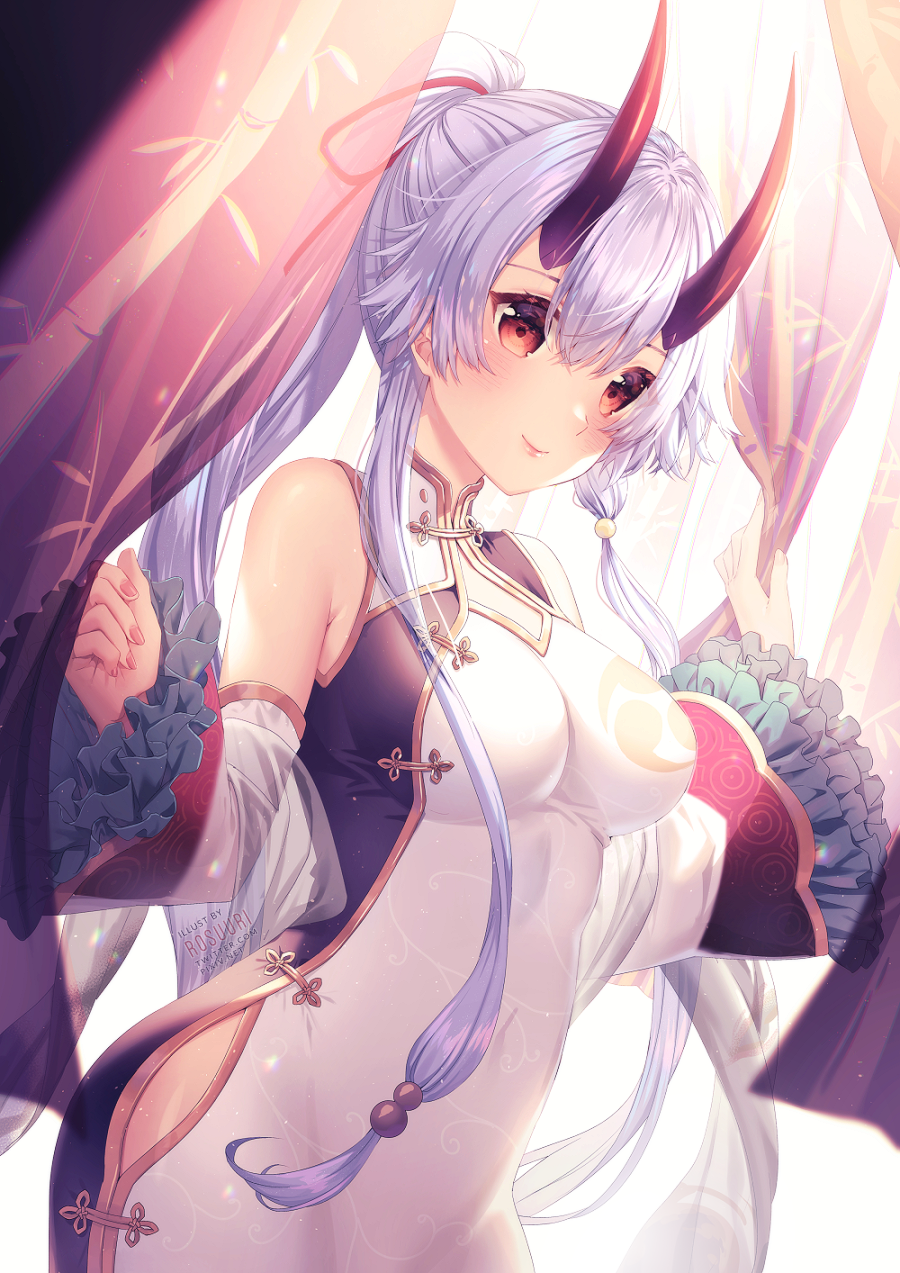 1girl artist_name bangs bare_shoulders blush breasts china_dress chinese_clothes closed_mouth commentary_request curtains detached_sleeves dress fate/grand_order fate_(series) fingernails hair_between_eyes hair_ribbon hand_up heroic_spirit_traveling_outfit high_ponytail highres horns long_hair long_sleeves looking_at_viewer medium_breasts ponytail red_eyes red_ribbon ribbon rosuuri silver_hair sleeveless sleeveless_dress smile solo tomoe_gozen_(fate/grand_order) transparent very_long_hair watermark web_address white_dress wide_sleeves