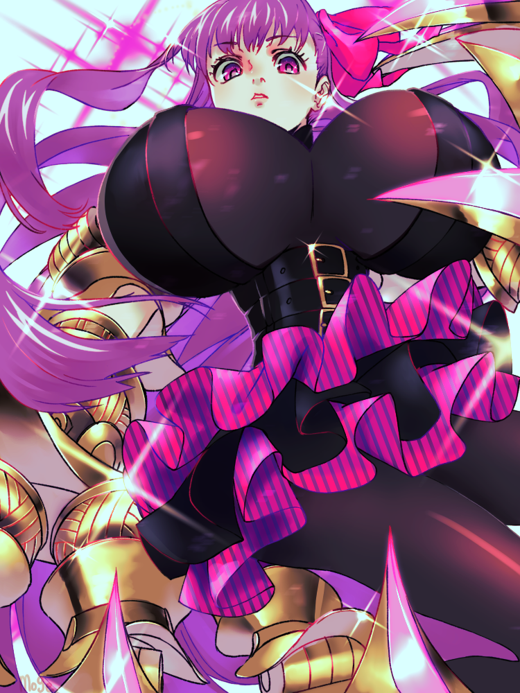 1girl breasts fate/extra fate/extra_ccc fate_(series) from_below gigantic_breasts gleam hair_ribbon long_hair looking_at_viewer momomogeta parted_lips passion_lip pink_eyes purple_hair purple_ribbon revealing_clothes ribbon skirt solo very_long_hair