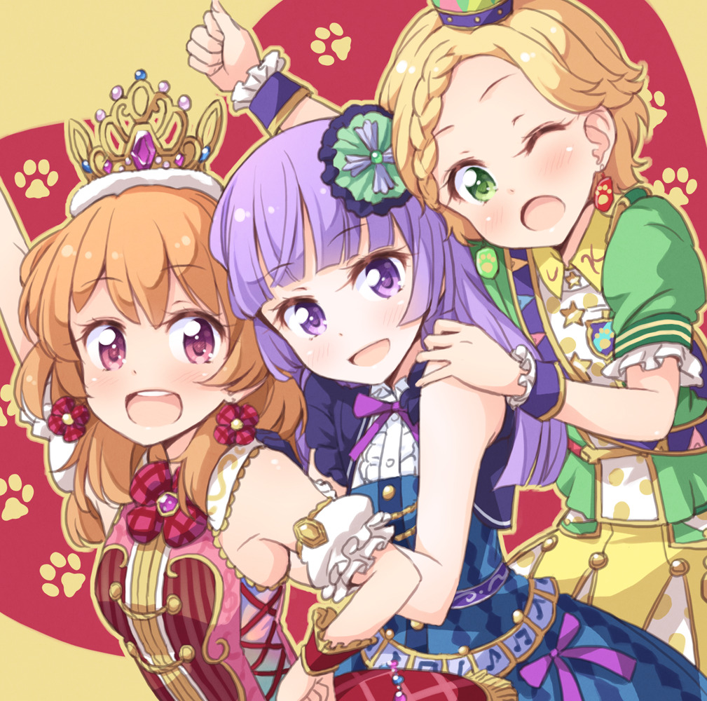 3girls :d aikatsu! aikatsu!_(series) bangs blonde_hair blunt_bangs braid brown_hair crown dress earrings girl_sandwich green_eyes hair_ornament hand_on_hip hikami_sumire jewelry long_hair looking_at_viewer multiple_girls one_eye_closed oozora_akari open_mouth puffy_sleeves purple_hair red_eyes sandwiched shinjou_hinaki short_hair skirt smile tokunou_shoutarou violet_eyes wrist_cuffs