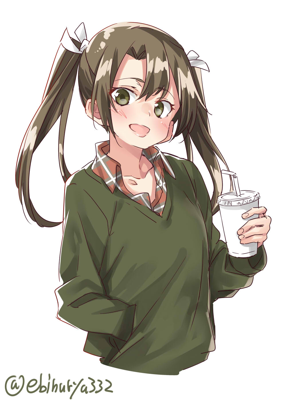 1girl :d alternate_costume bangs bendy_straw blush collarbone collared_shirt commentary_request cropped_torso cup disposable_cup drinking_straw ebifurya eyebrows_visible_through_hair green_eyes green_sweater grey_hair hair_ribbon hand_in_pocket highres holding holding_cup kantai_collection layered_clothing long_hair long_sleeves looking_at_viewer open_mouth parted_bangs plaid plaid_shirt raised_eyebrows ribbon shiny shiny_hair shirt simple_background smile solo sweater twintails twitter_username v-neck white_background white_ribbon wing_collar zuikaku_(kantai_collection)