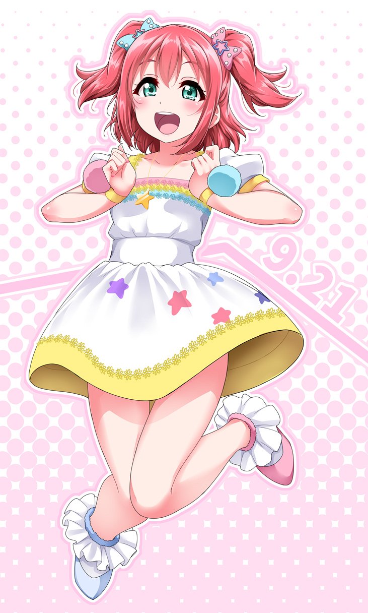 1girl :d aqua_eyes bangs blue_bow blue_footwear blush bow clenched_hands collarbone dated dress eyebrows_visible_through_hair frilled_footwear full_body hair_bow hair_ornament halftone halftone_background hands_up highres jewelry jumping kurosawa_ruby looking_at_viewer love_live! love_live!_sunshine!! mismatched_footwear necklace open_mouth outline pendant pink_bow pink_footwear pink_outline pom_pom_(clothes) redhead round_teeth short_sleeves smile solo star star_hair_ornament star_necklace star_print teeth two_side_up upper_teeth white_outline yopparai_oni
