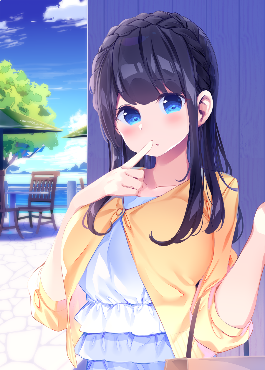 1girl bag bangs black_hair blue_eyes blue_sky blush braid chair chikuwa. clouds collarbone commentary crown_braid day dress eyebrows_visible_through_hair finger_to_mouth hands_up head_tilt highres jacket long_hair looking_at_viewer ocean original outdoors parasol parted_lips short_sleeves sky solo table tree umbrella water white_dress yellow_jacket