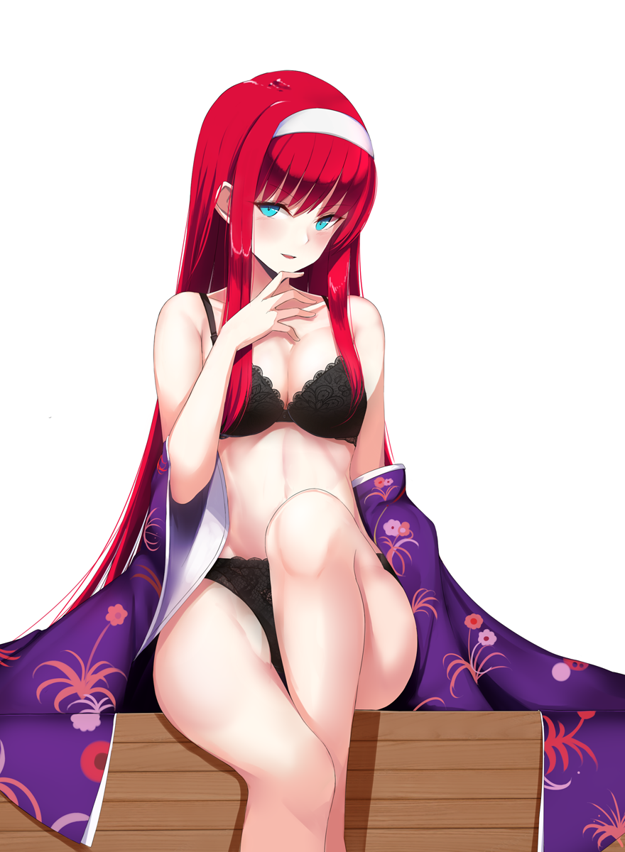 1girl aqua_eyes bare_legs bare_shoulders black_bra black_panties bra commentary_request eyebrows_visible_through_hair floral_print glowing glowing_eyes groin hairband hand_to_own_mouth highres i.f.s.f japanese_clothes kimono kimono_removed leg_lift legs_crossed long_hair midriff panties parted_lips purple_kimono redhead shiny shiny_hair sidelocks sitting stomach thighs tohno_akiha tsukihime type-moon underwear white_hairband wide_sleeves