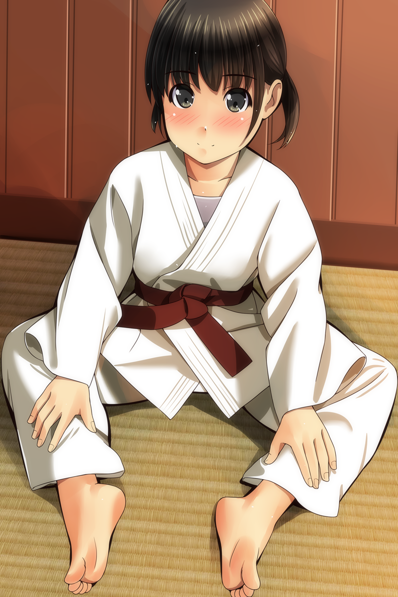 1girl bangs barefoot black_eyes blush brown_hair closed_mouth commentary_request dougi eyebrows_visible_through_hair feet fingernails hands_on_legs highres indoors karate_gi matsunaga_kouyou nose_blush on_floor original short_twintails sidelocks sitting smile soles solo sweat tatami twintails