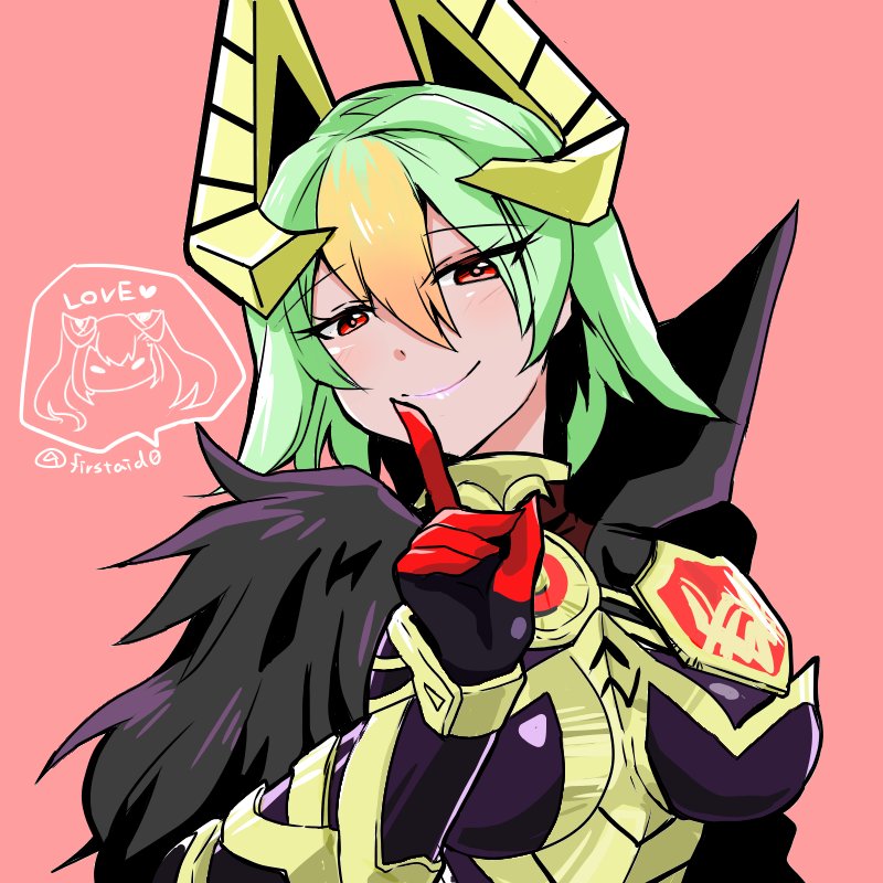 1girl armor bangs breasts cape dark_skin english feather_trim fire_emblem fire_emblem_heroes gradient_hair green_hair hair_ornament index_finger_raised jewelry laegjarn_(fire_emblem_heroes) laevateinn_(fire_emblem_heroes) lips lipstick makeup multicolored_hair nintendo orange_hair pink_background red_eyes short_hair smile solo yukia_(firstaid0)