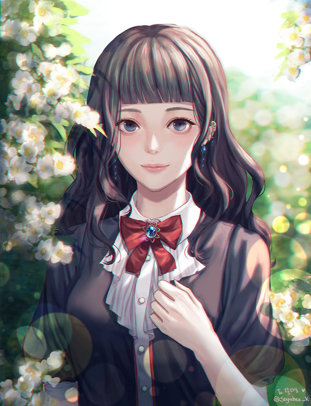 1girl bangs black_hair blue_eyes blunt_bangs blurry blurry_background bow dated day earrings flower hand_up highres jewelry lens_flare long_hair looking_at_viewer original outdoors red_bow smile soyubee twitter_username upper_body