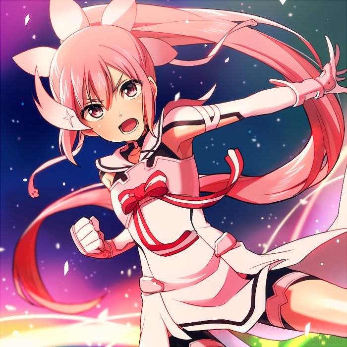 1girl bangs bow dress eyebrows_visible_through_hair gloves hair_between_eyes hair_ornament high_ponytail long_hair magical_girl open_mouth pink_eyes pink_hair red_bow sayshownen solo striped striped_bow teeth twitter_username v-shaped_eyebrows very_long_hair white_dress white_gloves yuuki_yuuna yuuki_yuuna_wa_yuusha_de_aru yuusha_de_aru