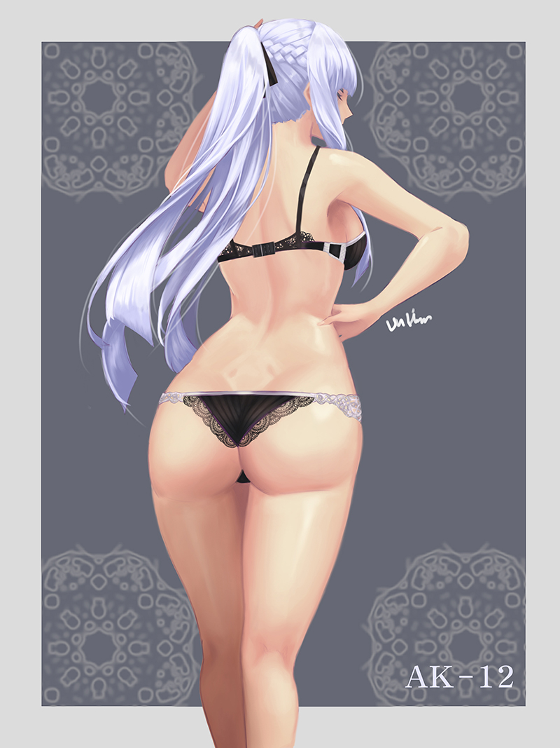 1girl ak-12_(girls_frontline) armpits ass back bangs bare_shoulders black_bra black_panties black_ribbon bra braid breasts character_name closed_mouth cowboy_shot dimples_of_venus eyebrows_visible_through_hair french_braid girls_frontline hair_ribbon hand_on_hip hand_on_own_head long_hair medium_breasts mid-stride panties ponytail ribbon shoulder_blades sideboob sidelocks silver_hair solo thighs un_lim underwear very_long_hair walking