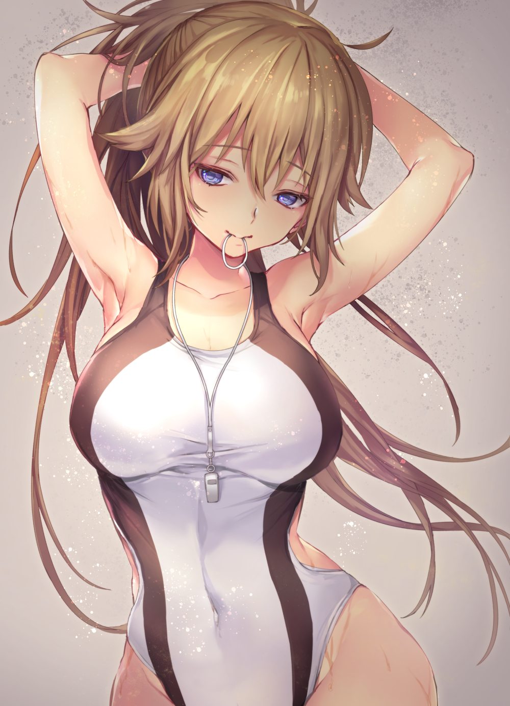 1girl armpits arms_up bangs bare_arms bare_shoulders breasts brown_hair bunching_hair cleavage collarbone competition_swimsuit covered_navel eyebrows_visible_through_hair fate/grand_order fate_(series) floating_hair grey_background hair_between_eyes hair_flaps hair_tie hair_tie_in_mouth half-closed_eyes head_tilt highleg highleg_swimsuit highres jeanne_d'arc_(fate) jeanne_d'arc_(fate)_(all) jeanne_d'arc_(swimsuit_archer) large_breasts long_hair looking_at_viewer mouth_hold one-piece_swimsuit ponytail shiny shiny_hair sidelocks smile solo swimsuit taut_clothes taut_swimsuit violet_eyes vivivivi wet whistle whistle_around_neck white_swimsuit
