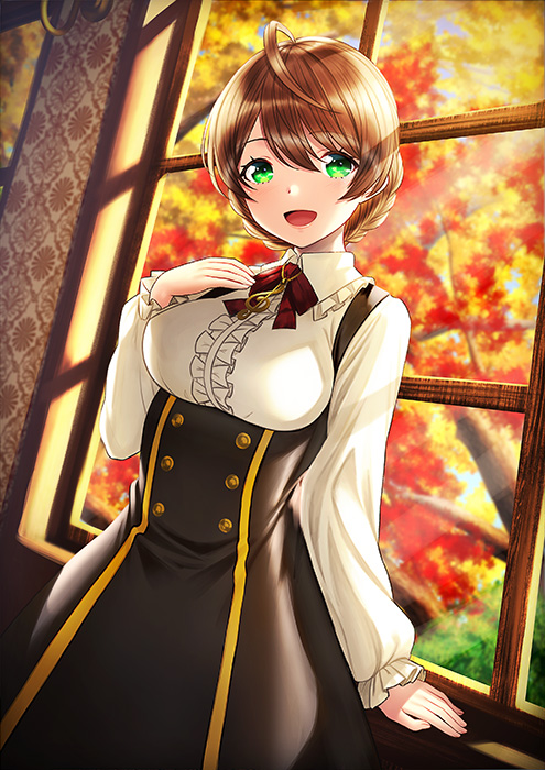 1girl :d against_window ahegao arm_at_side autumn bangs black_skirt blush bound bound_wrists braid breasts brown_hair center_frills commentary_request cowboy_shot day eyebrows_visible_through_hair frilled_shirt_collar frilled_sleeves frills green_eyes hand_on_own_chest hand_up high-waist_skirt idolmaster idolmaster_million_live! indoors jewelry kyon_(fuuran) long_sleeves looking_at_viewer medium_breasts neck_ribbon necklace open_mouth pendant red_neckwear red_ribbon ribbon sakuramori_kaori shirt short_hair skirt smile solo suspender_skirt suspenders swept_bangs treble_clef white_shirt window