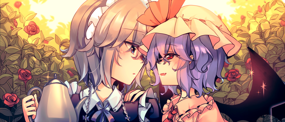 2girls ascot bangs bat_wings blue_bow blue_dress blue_eyes blue_hair blue_neckwear blue_ribbon blush bow braid commentary_request dress eye_contact eyebrows_visible_through_hair eyes_visible_through_hair fang flower frilled_shirt_collar frills hair_between_eyes hair_bow hand_on_another's_shoulder hand_up hat hat_ribbon holding holding_teapot izayoi_sakuya kirero leaf looking_at_another maid maid_headdress mob_cap multiple_girls nail_polish neck_ribbon outdoors parted_lips pink_dress pink_hat pink_nails pointy_ears portrait red_eyes red_flower red_neckwear red_ribbon red_rose remilia_scarlet ribbon ribbon-trimmed_collar ribbon_trim rose short_hair silver_hair sparkle teapot touhou twin_braids wing_collar wings yuri